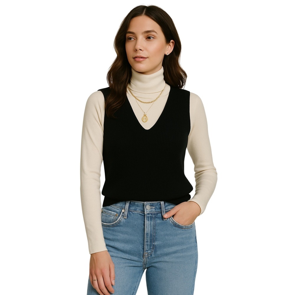 NWT Another Love Noa Black Ribbed Double V Neck Mid Weight‎ Tank Top Knit Large